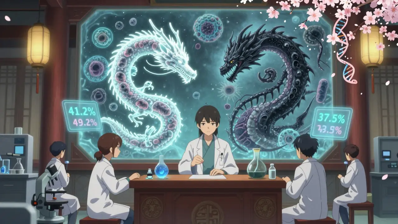 Une scène rituelle dans un laboratoire où un dragon blanc diminue et une créature serpent noire grandit, représentant les déséquilibres microbiens.