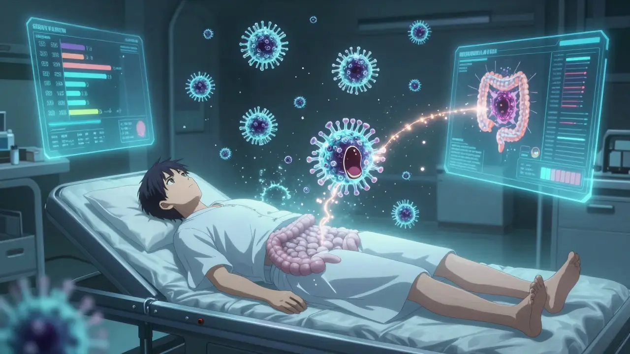 Une thérapie ciblée par bactériophages détruisant une bactérie pathogène dans l'intestin, avec des hologrammes montrant la stabilisation du système immunitaire.