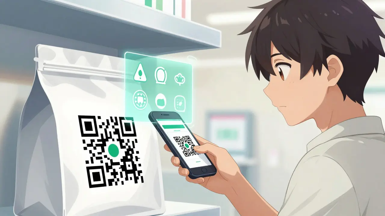 Utilisation d'un smartphone pour scanner un code de sécurité médical.