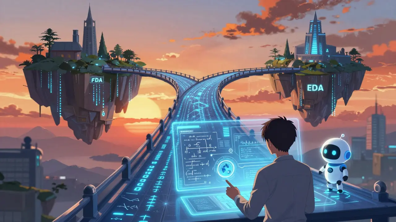 Analyste utilisant une interface holographique pour harmoniser les normes FDA et EMA.