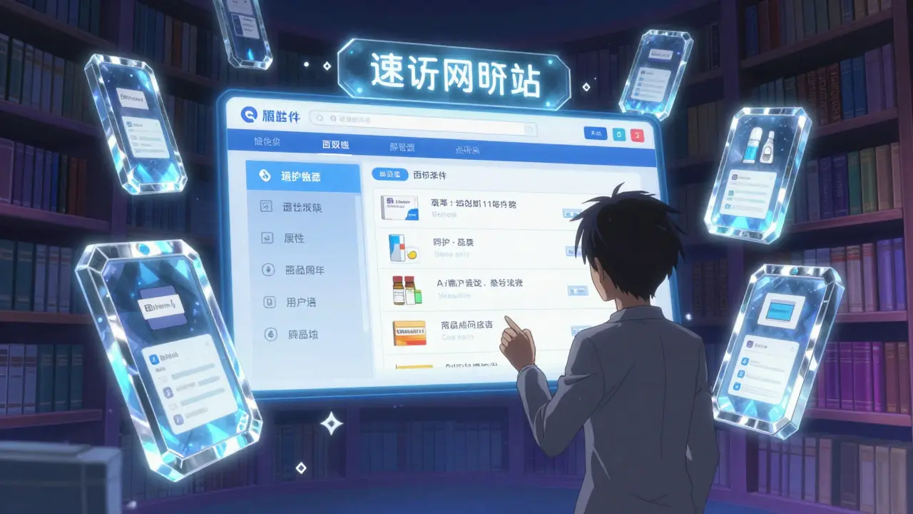 Bibliothèque magique flottante représentant une pharmacie en ligne sécurisée style anime.