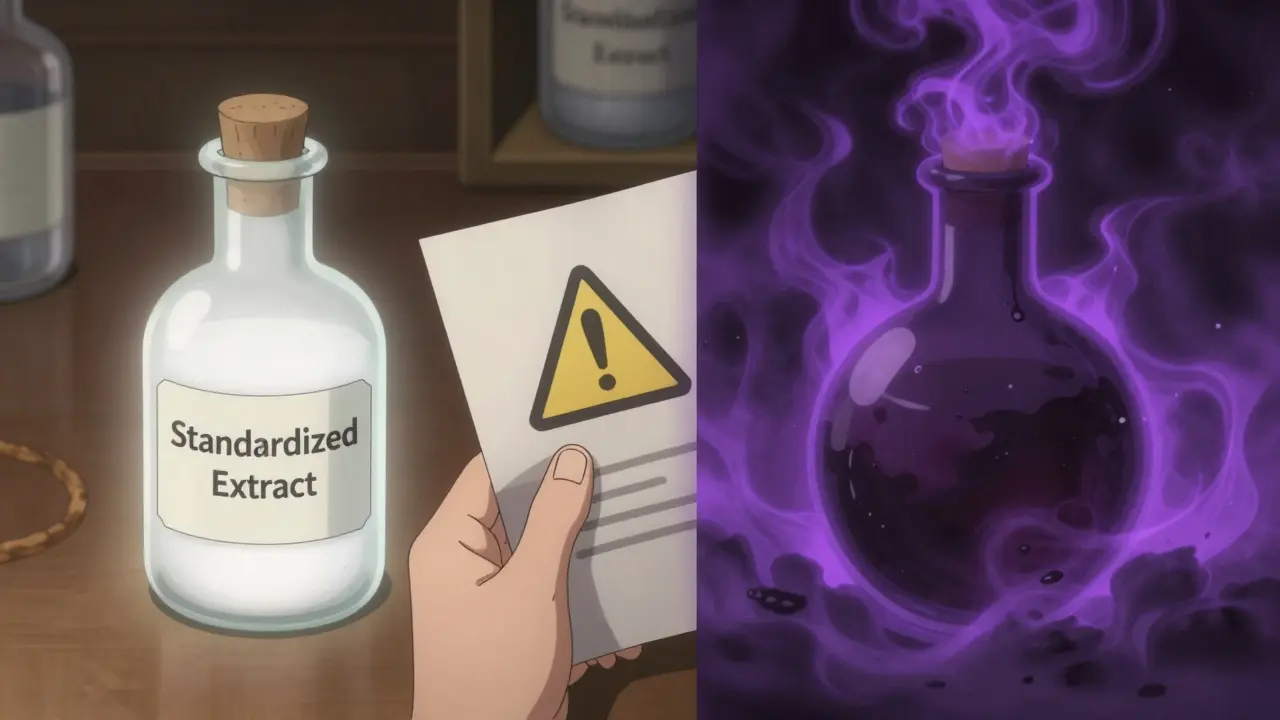 Comparaison entre un extrait de Ginkgo standardisé lumineux et un produit non contrôlé sombre.