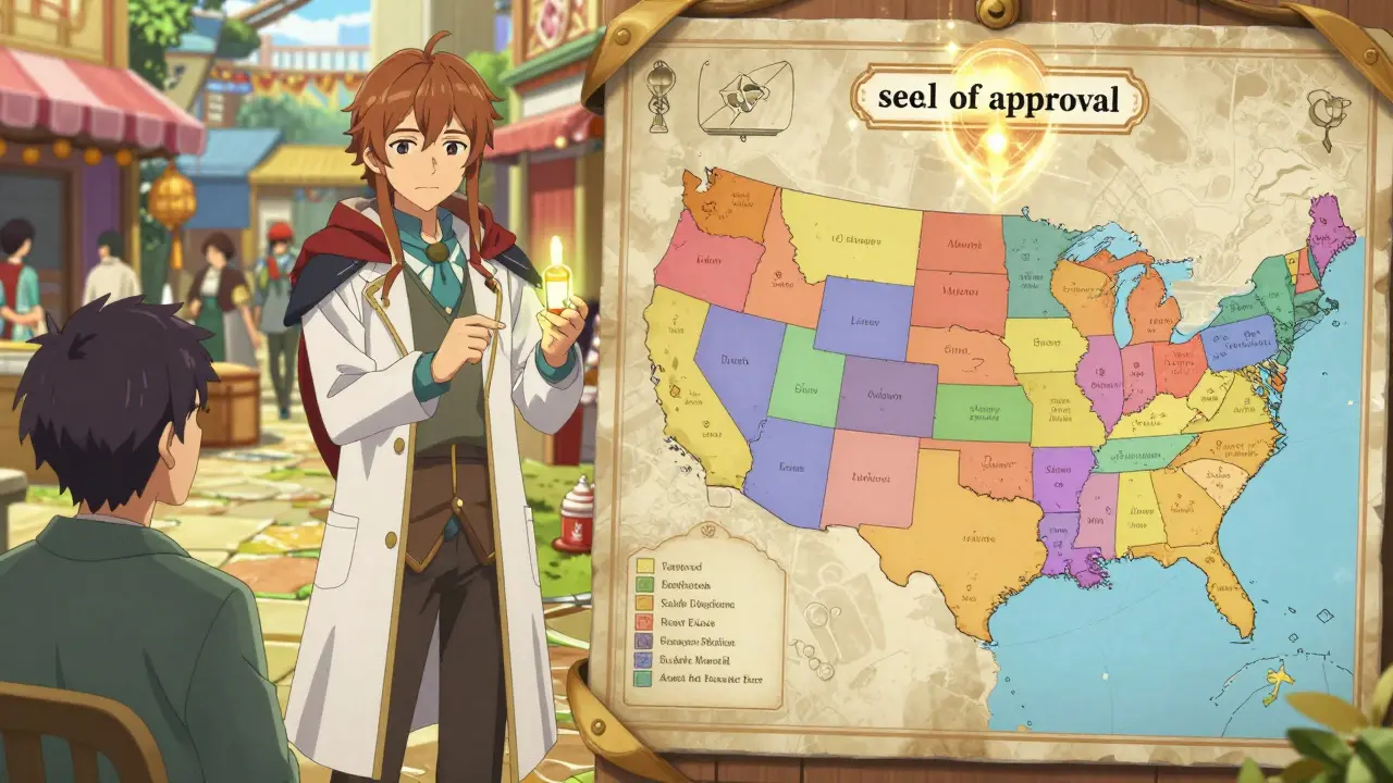 Échange de médicament dans un marché fantastique avec une carte de territoires réglementaires en arrière-plan.