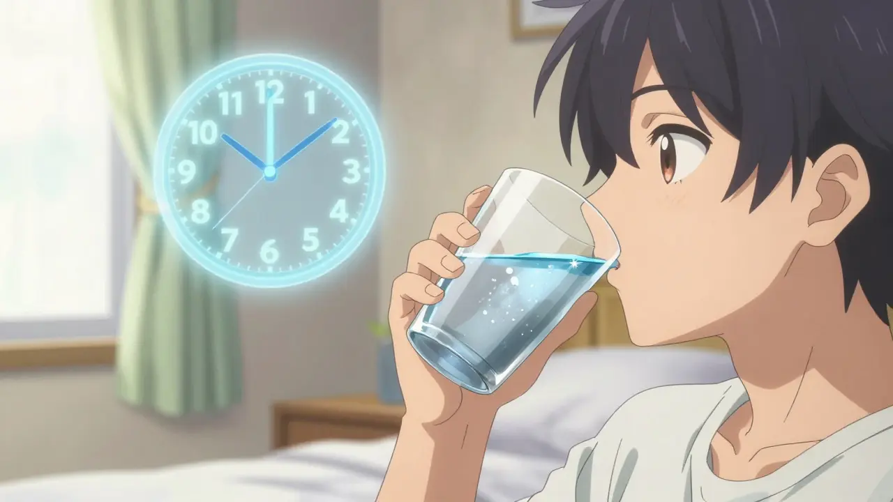 Personnage d'anime buvant de l'eau au réveil selon un rituel matinal précis.