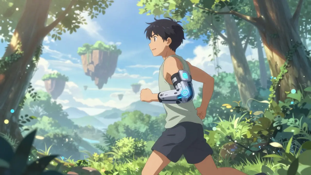 Personnage d'anime faisant du sport avec un dispositif médical futuriste dans une forêt magique.