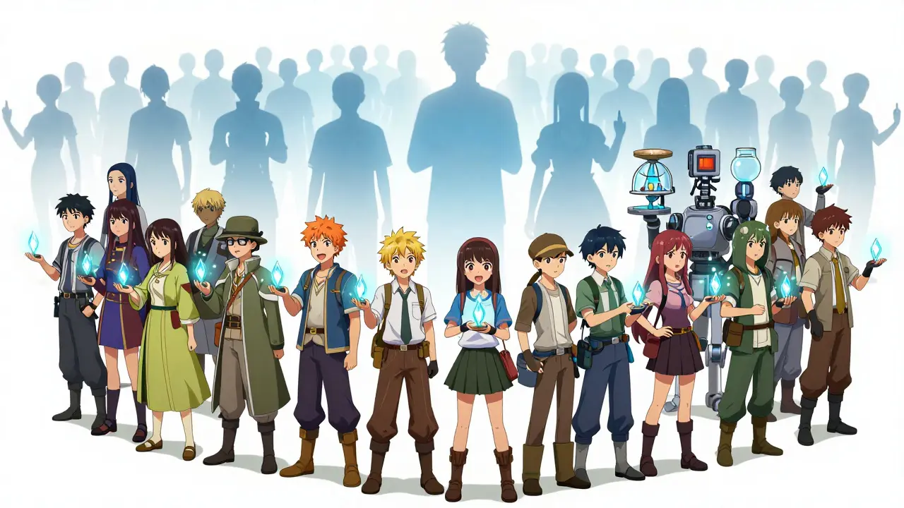 Petit groupe de volontaires recevant un élixir, illustrant l'efficacité des plans répliqués.