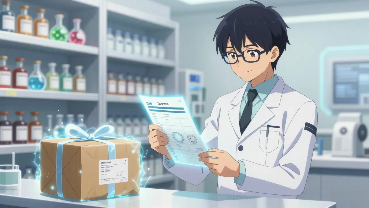 Pharmacien vérifiant une ordonnance numérique dans une apothécaire futuriste.