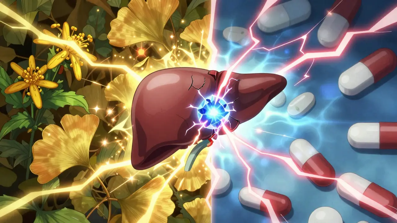 Représentation conceptuelle d'une interaction dangereuse entre des plantes médicinales et des médicaments.