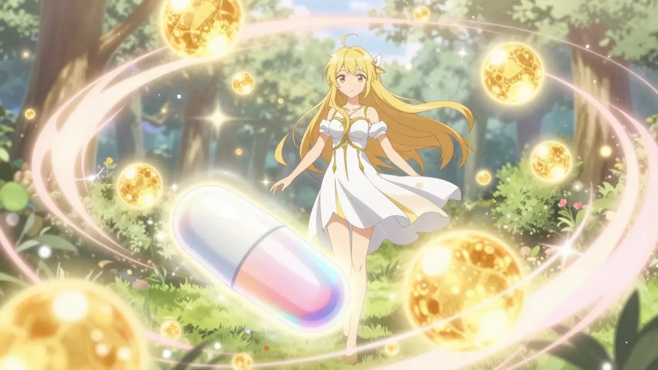 Représentation conceptuelle et onirique de l'équilibre hormonal et du médicament.