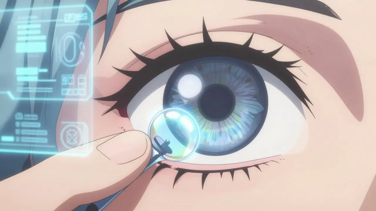 Représentation stylisée de l'insertion d'un implant intraoculaire dans l'œil.