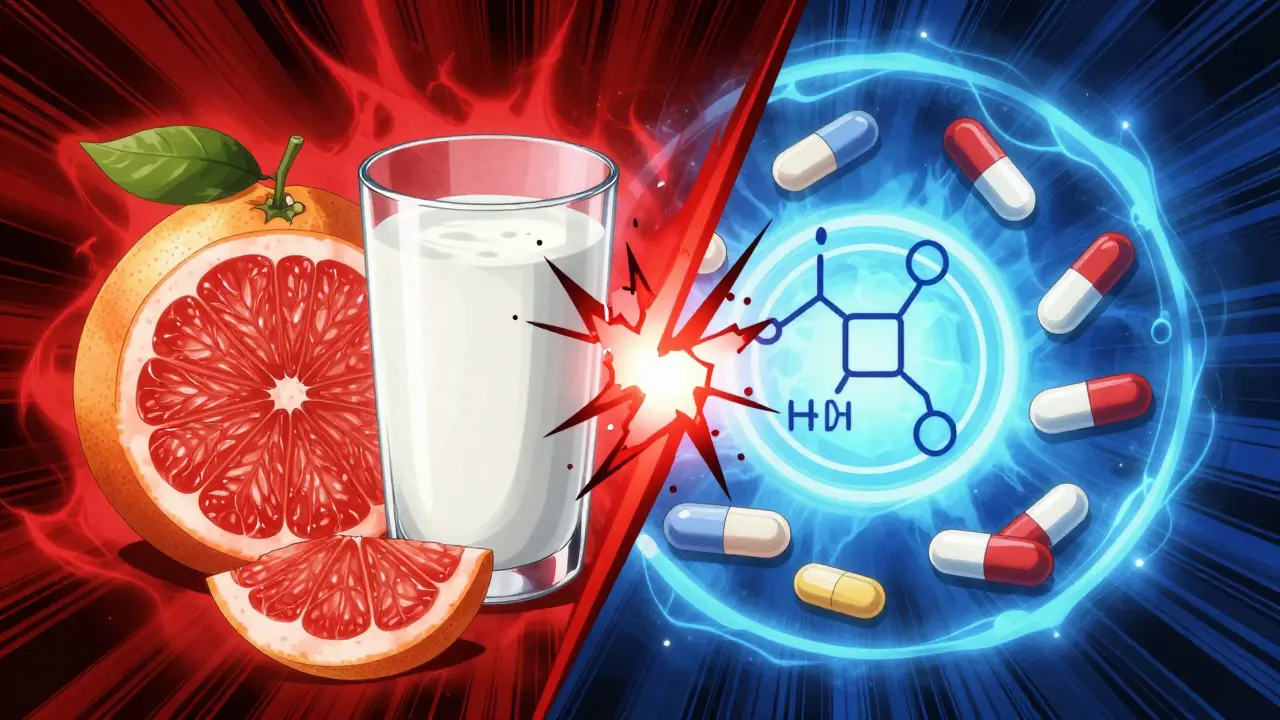 Représentation stylisée des interactions entre pamplemousse, produits laitiers et médicaments.