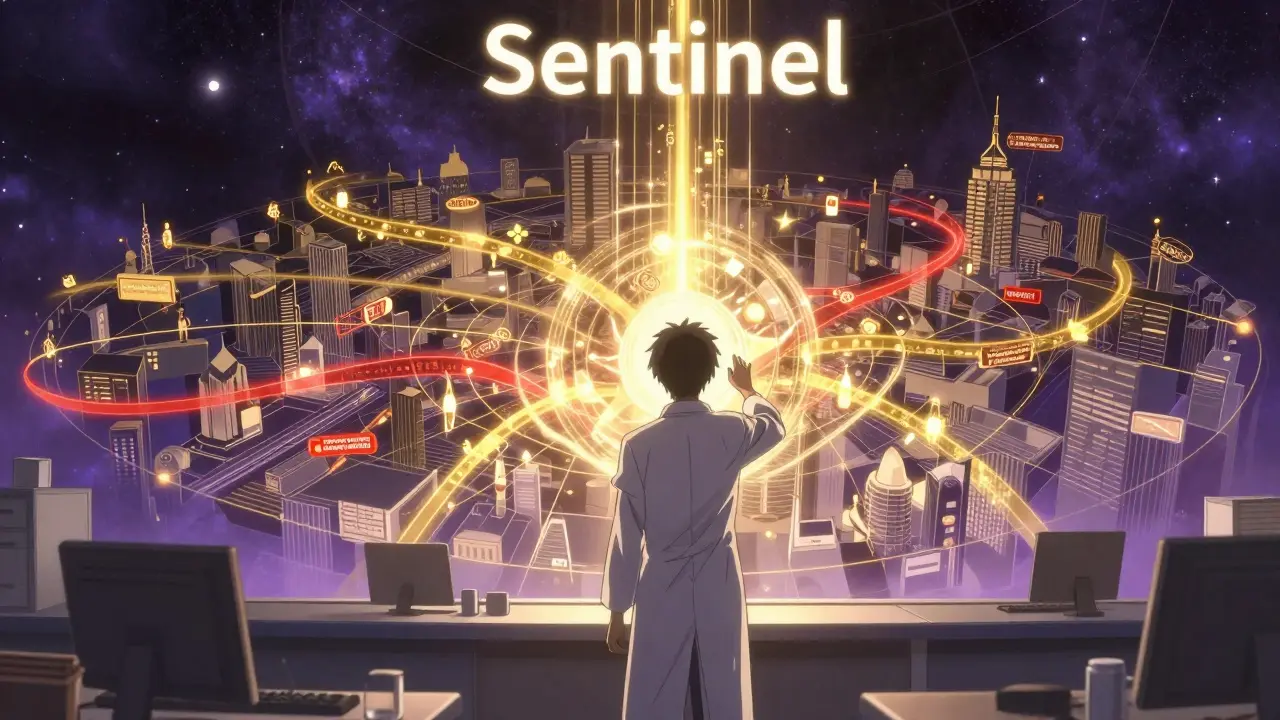 Réseau numérique global de pharmacovigilance analysant des flux de données.