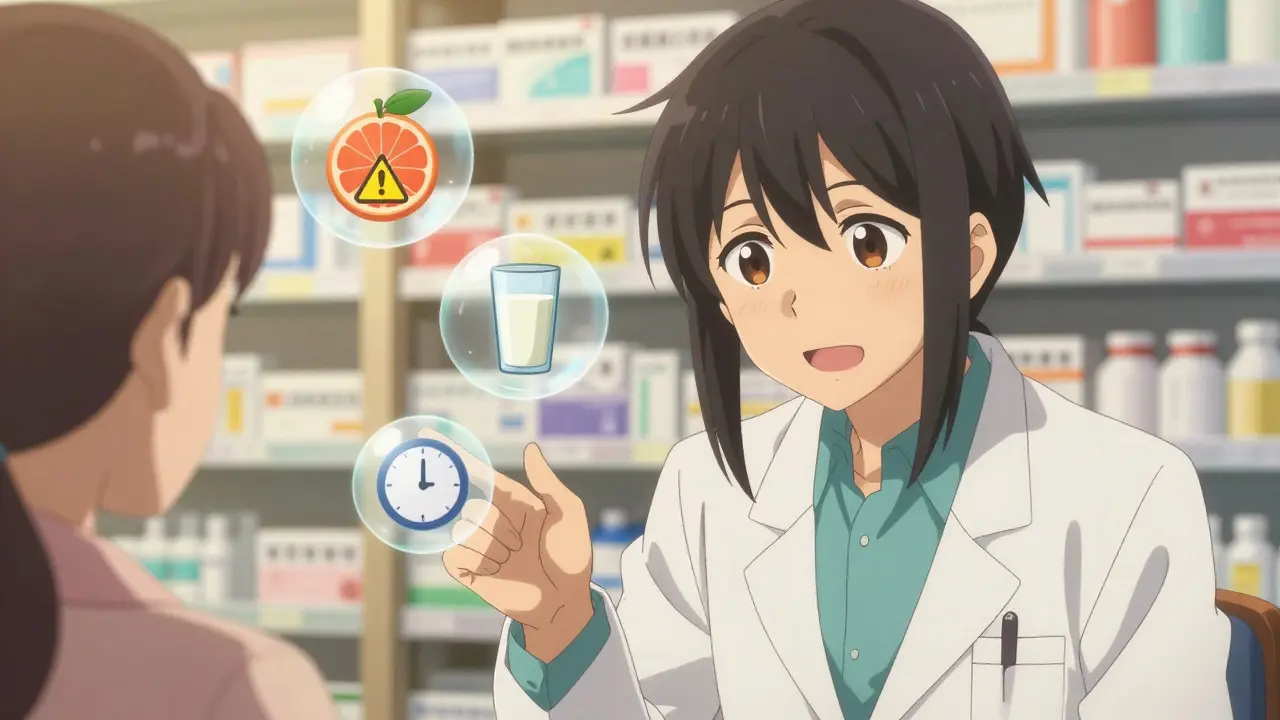 Un pharmacien explique avec bienveillance les précautions alimentaires et le timing des prises.