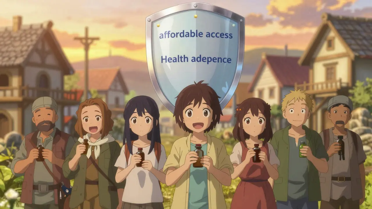 Villageois heureux et en bonne santé grâce à l'accès abordable aux soins de santé.