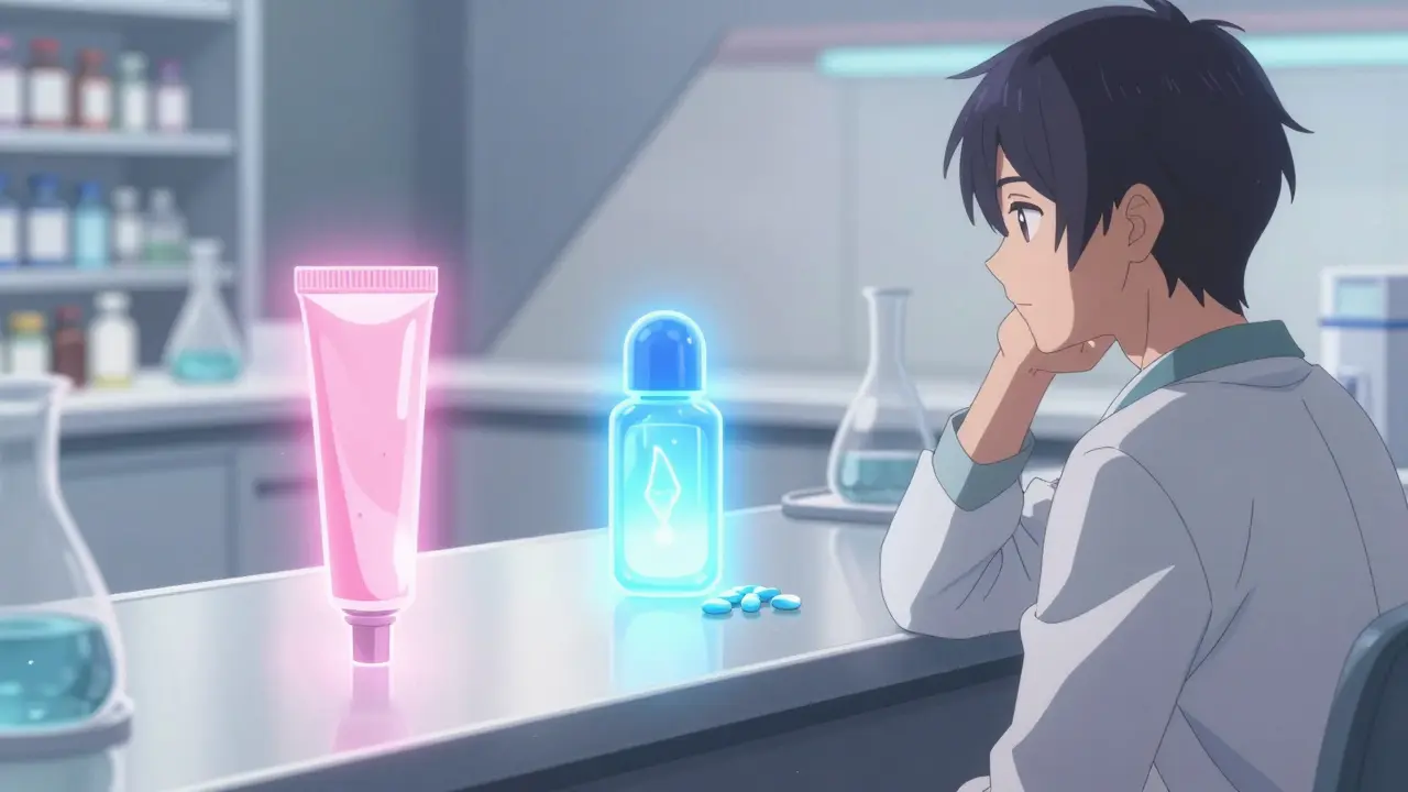 Comparaison visuelle entre un tube de gel et des comprimés dans un style anime.