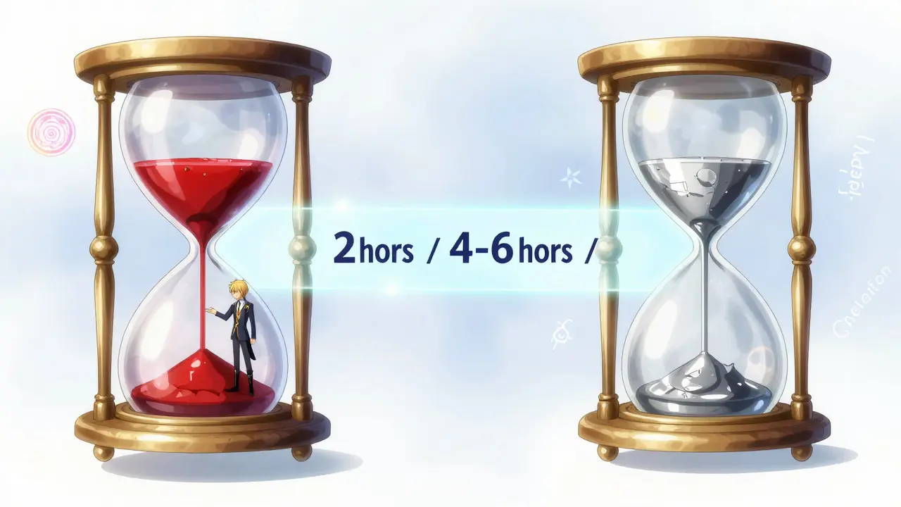 Illustration manga expliquant le timing sécurisé entre les médicaments via une horloge magique.