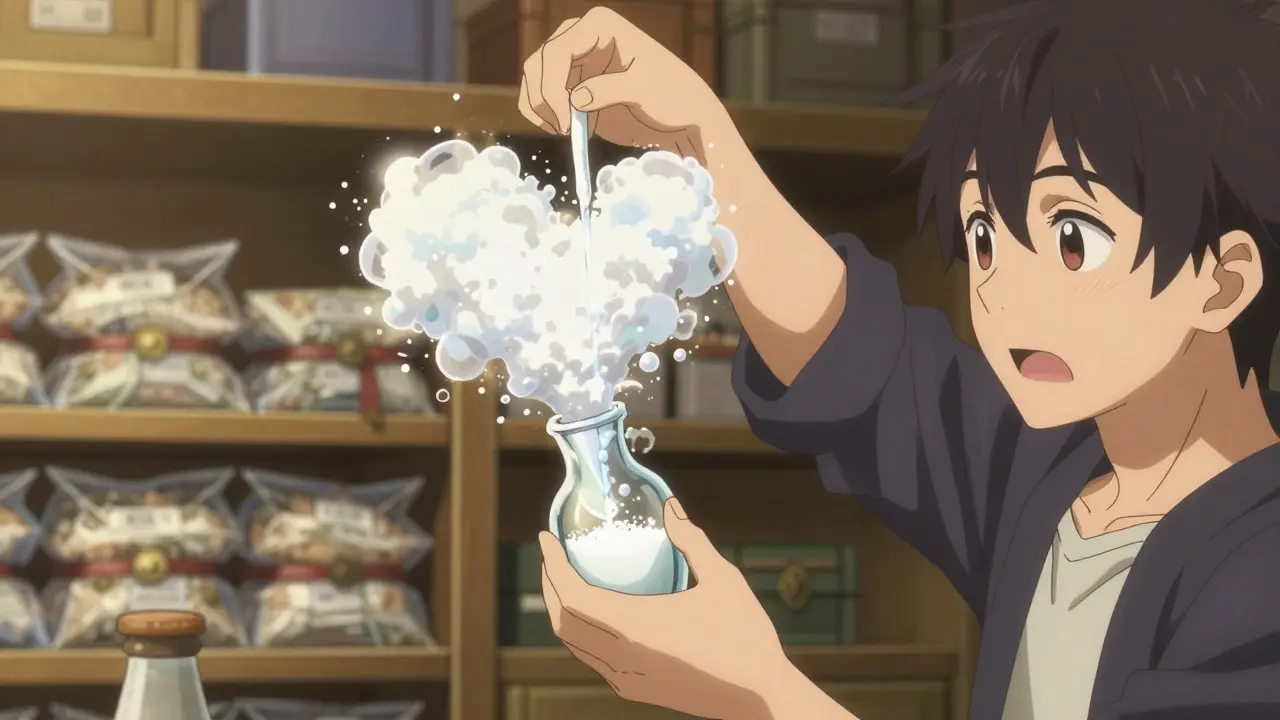 Test de fraîcheur du bicarbonate avec vinaigre dans un style anime
