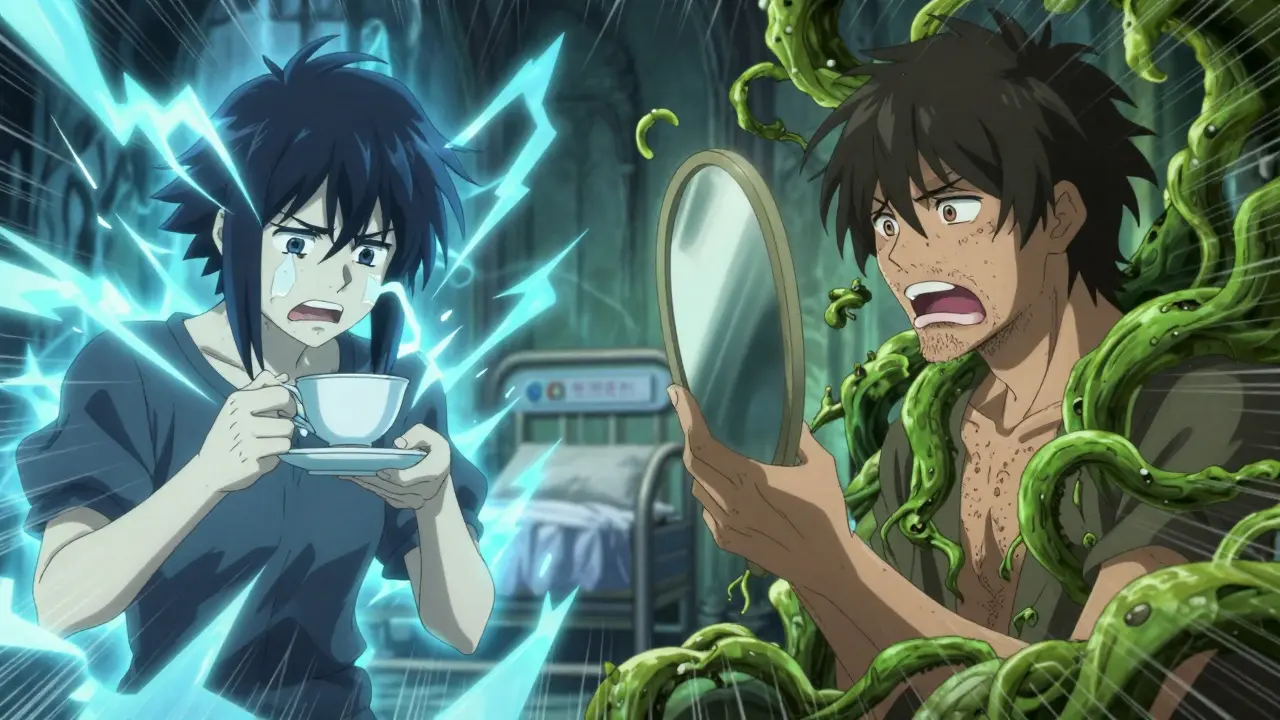 Comparaison des effets secondaires : tremblements et poils excessifs en style manga