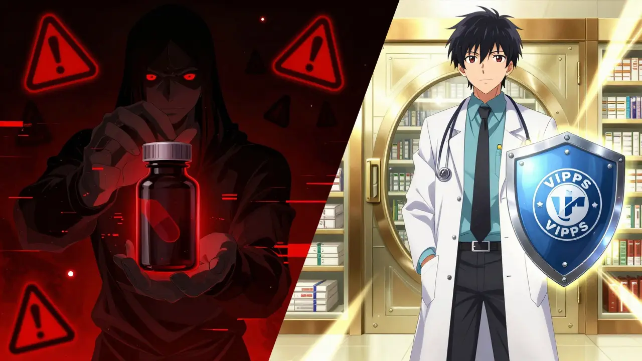 Comparaison entre pharmacie sûre et site frauduleux en style anime