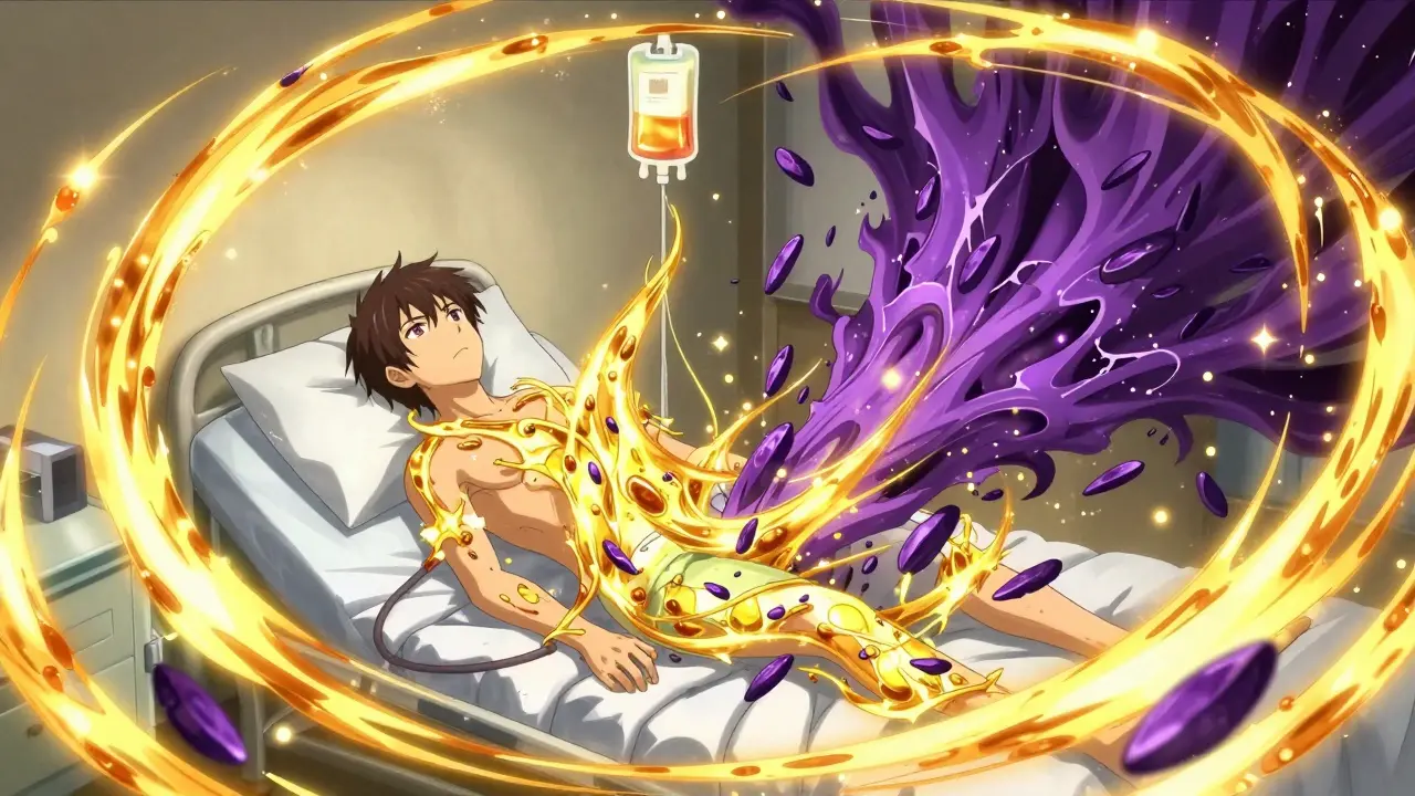 Des anticorps dorés magiques neutralisent des forces sombres autour d'un patient recevant un traitement IVIG dans un style manga.