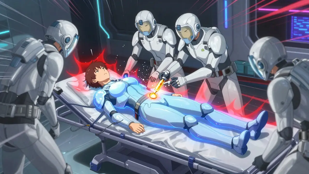 Injection d'antidote lumineux en urgence, style manga
