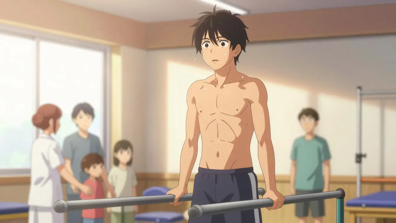 Un patient anime se relève avec détermination lors d'une séance de rééducation physique ensoleillée et pleine d'espoir.