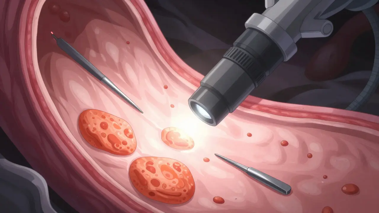 Vue endoscopique stylisée montrant la détection de cellules anormales