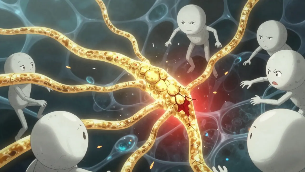 Cellules immunitaires attaquant la gaine de myéline dans une scène de combat cellulaire animée