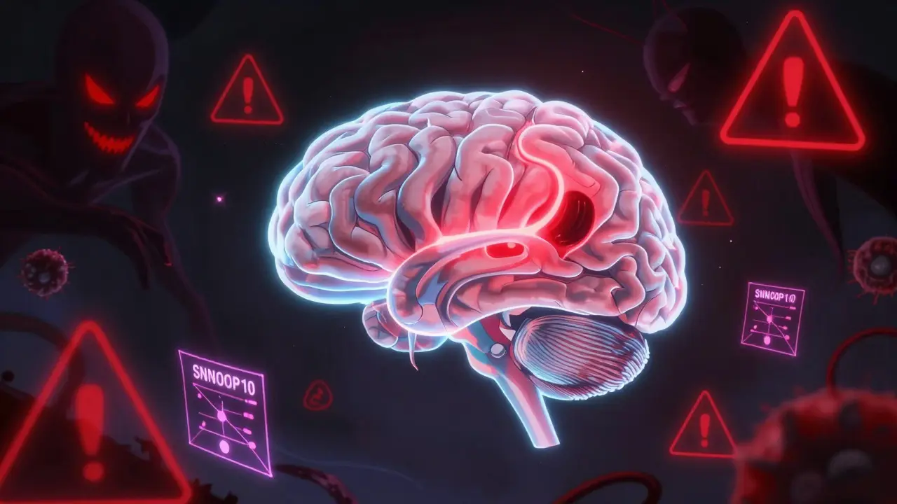 Cerveau lumineux entouré de symboles d'alerte rouge dans un style fantastique