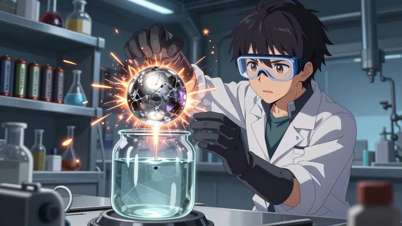 Chercheur en laboratoire manipulant du métal lithium réactif avec précaution dans un style manga