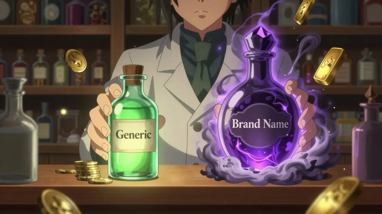 Comparaison visuelle entre potions génériques et de marque dans une pharmacie