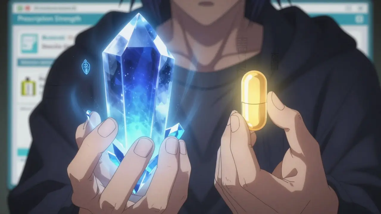 Mains tenant un comprimé médical puissant et une petite capsule de complément dans un style anime