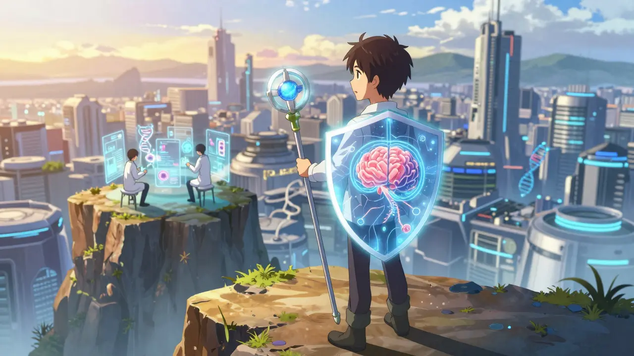 Personnage anime protégé par des traitements médicaux modernes sous un soleil radieux