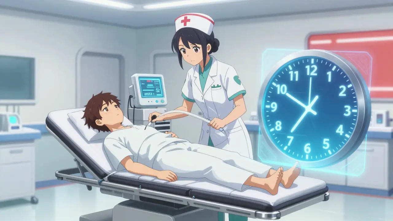 Scène d'urgence médicale futuriste avec horloge holographique et soignant