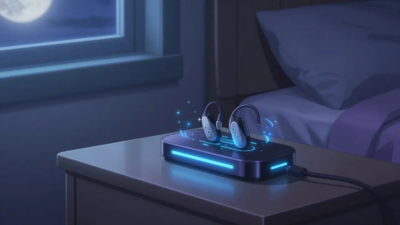 Appareils auditifs sur une station de charge lumineuse la nuit