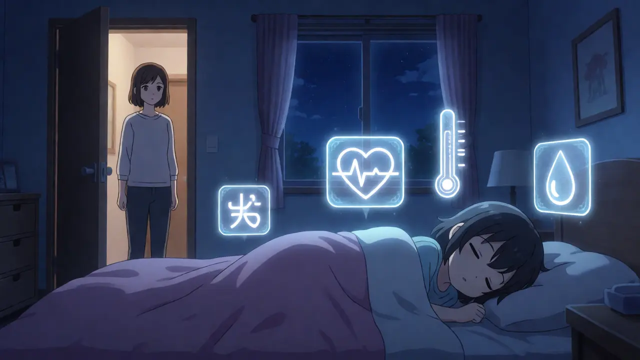 Enfant dormant paisiblement sous la surveillance magique des indicateurs de santé nocturnes.