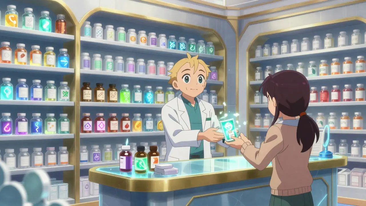Intérieur de pharmacie futuriste avec des étagères lumineuses et un pharmacien