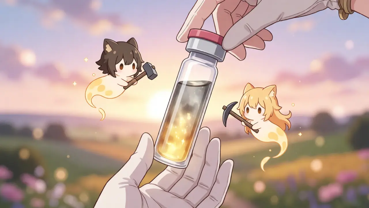 Fiole de sang lumineuse avec esprits chibi constructeurs, fond paysage français