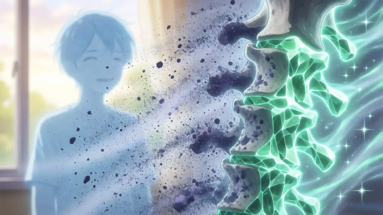 Vertèbre en transformation avec poussière violette et cristaux verts, style manga